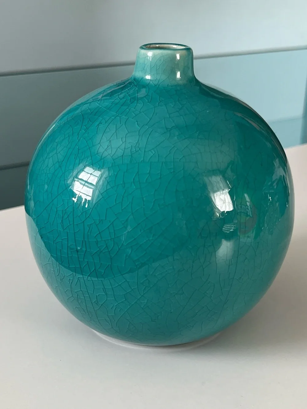 Crate&Barrel Teal Gloss Crackle Ceramic 5” Globe Vase